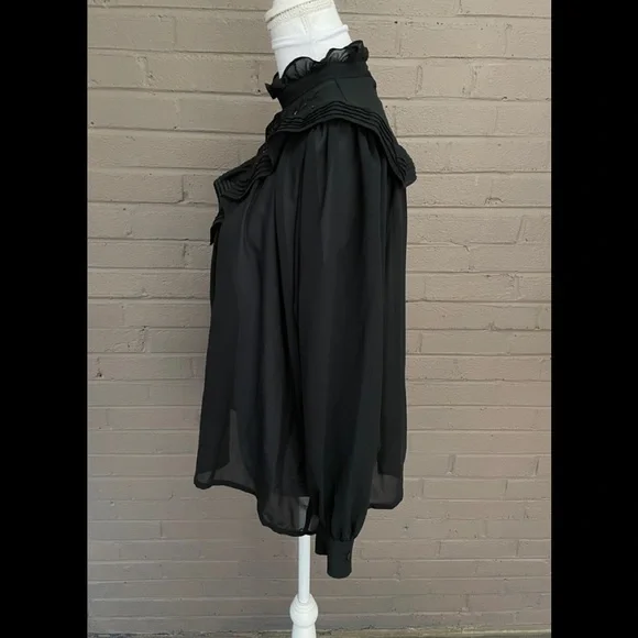Vintage black ruffle collar shear blouse  XL - Picture 7 of 12
